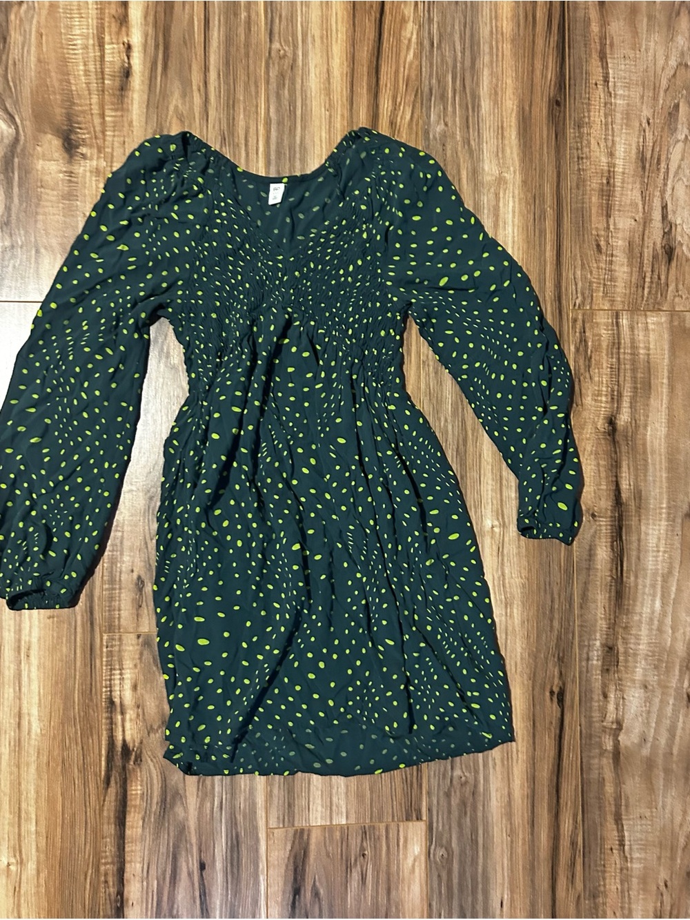 Dark Green Dress with Lime Dot Print - Casual Long Sleeve